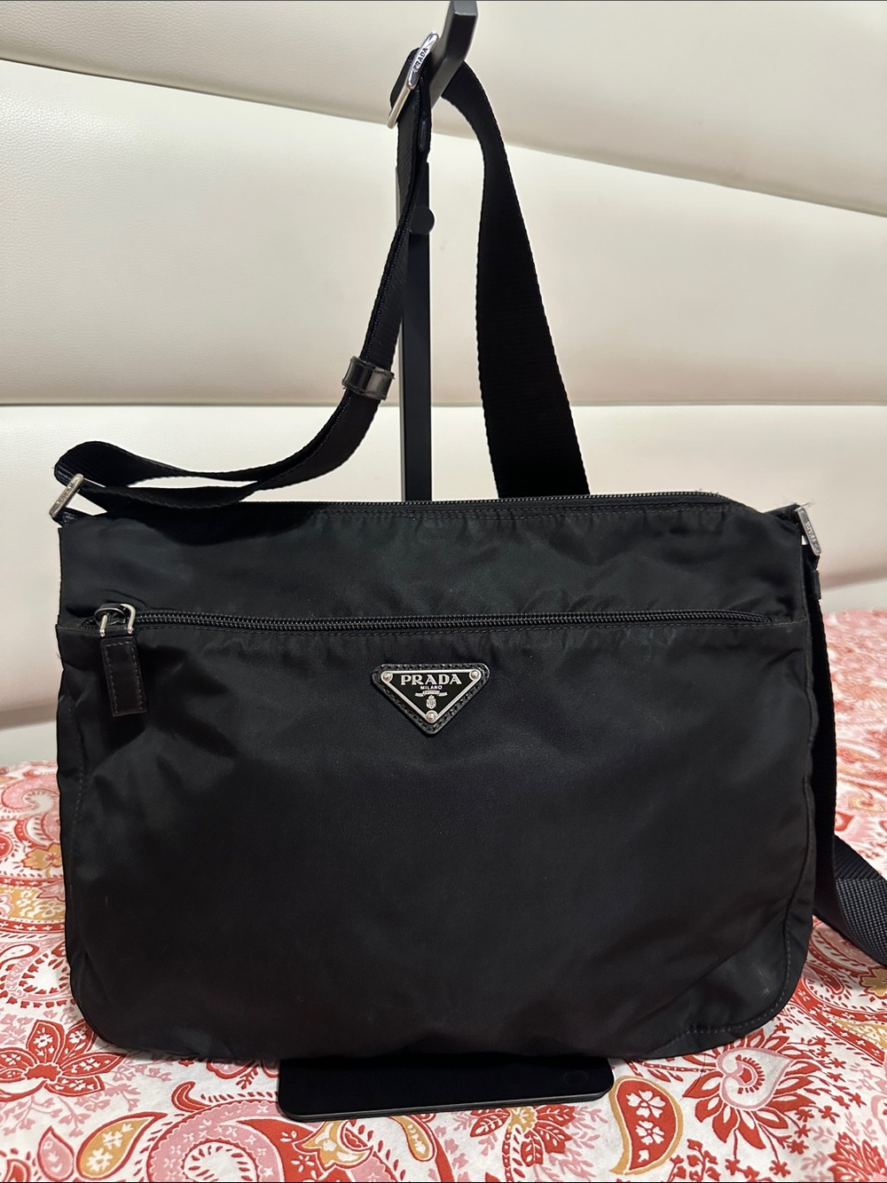 Prada Black Nylon Crossbody Bag with Silver-Tone Logo Unisex